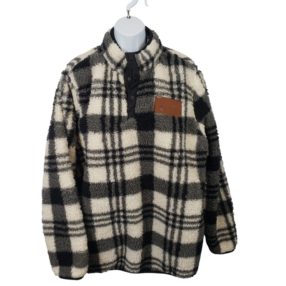 Home Free Sherpa Pullover Mens Large 42/44 Plaid Gray Black Shirt Fleece  / R13